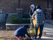 people cleaning up garden